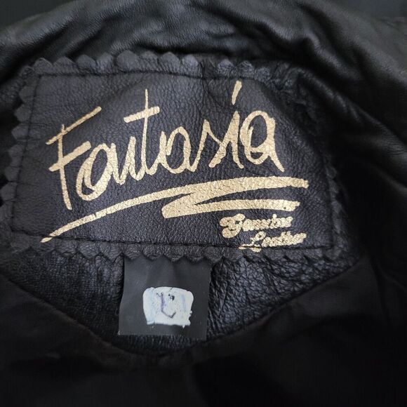 Vintage Fantasia Jacket Large Black Leather Moto Biker Zip Collared 90s 80s - Picture 8 of 9